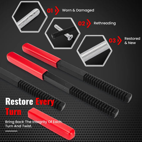 Pro Grade 49 Piece Thread Chaser Set with 22 Taps, 24 Dies showing rethreading process for worn and damaged threads.