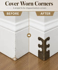 Built Like A Tank Solid Brass Wall Corner Guards Heavy Duty Bronze Baseboard Edge Protectors Rust Resistant Furniture Scuff Shields 16 Pack Quick Install Hardware Included showing before and after on chipped corner.