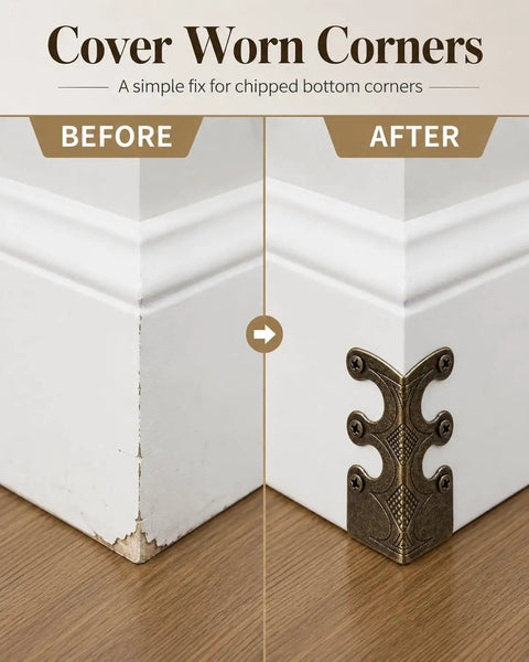 Built Like A Tank Solid Brass Wall Corner Guards Heavy Duty Bronze Baseboard Edge Protectors Rust Resistant Furniture Scuff Shields 16 Pack Quick Install Hardware Included showing before and after on chipped corner.