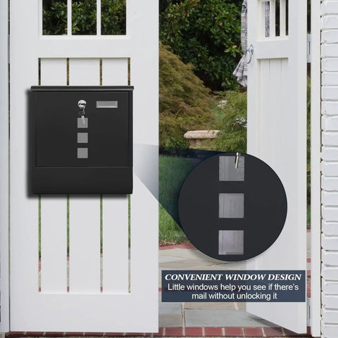 Beefy Locking Wall Mounted Mailbox With Key Lock And Large Capacity For Outdoor Newspaper Compartment 13 By 11.8 By 3.4 Inches Black Heavy Duty Galvanized Metal on a gate