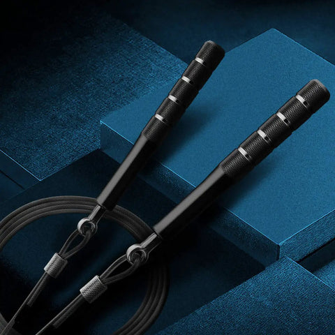 Black Speed Jump Rope For Training And Fitness, Adjustable Length Tangle Free Rope With Dual Bearings on blue background