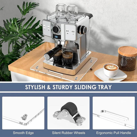 Hardcore Clear Acrylic Coffee Maker Slider Tray With Flat Out Smooth Rubber Casters For Stress Free Countertop Gliding and Completely Scratch Proof Appliance Moving Rig on a wooden counter.