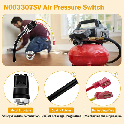 N003307SV Air Pressure Switch features metal structure, quality rubber, and perfect interface for 120V AC compressors.