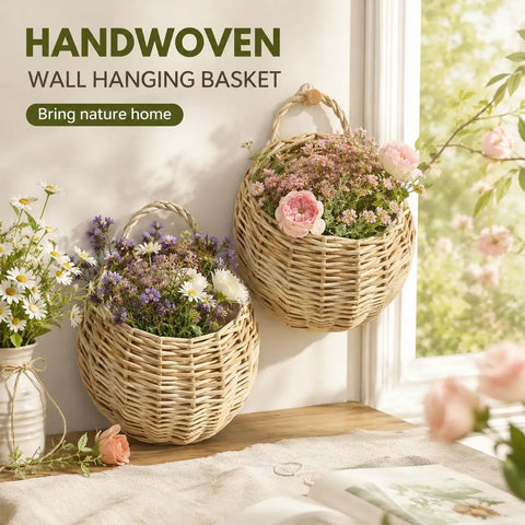 Premium Woven Wicker Hanging Basket Set Of Two Nine Inch Wall Planter With Built In Drainage Guard For Zero Mess Indoors Out And Total Patio Life Flex Upgrade