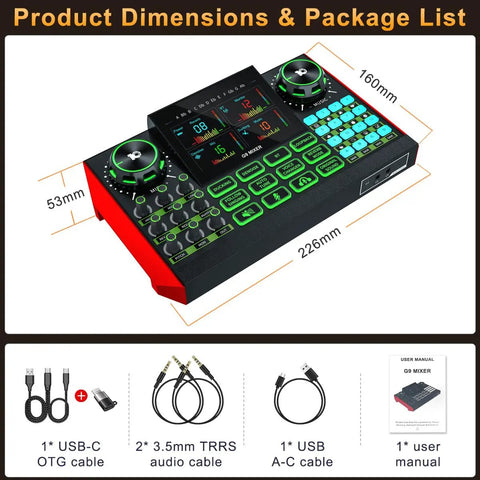 G9 Live Sound Card And Streaming Mixer With Built-In Audio Interface dimensions and package contents overview