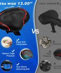 Wide Noseless Bike Seat Cushion For Men And Women With Extra Padding For Maximum Comfort On Peloton Exercise Electric And Cruiser Bikes Oversized Saddle For Long Rides Spinning Classes And All Day Super Comfy Comfort showing extra wide 13-inch design and comparison with narrow seat.