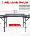 Diagram showing dimensions and adjustable height of Folding Grill Table With Extendable Wing Panels, 3x2 Ft Portable Camping Table