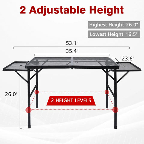 Diagram showing dimensions and adjustable height of Folding Grill Table With Extendable Wing Panels, 3x2 Ft Portable Camping Table