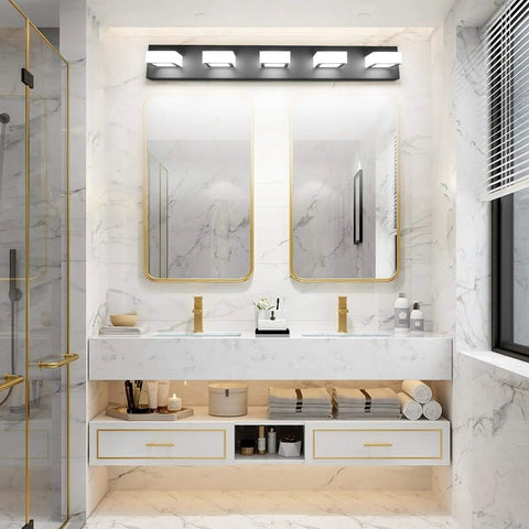 Five Light Modern Black Bathroom Vanity Fixture With Adjustable Acrylic Shades over dual mirrors in elegant bathroom space.