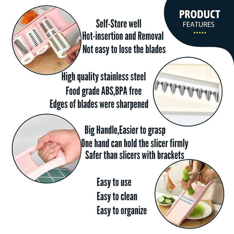 Pink NACOLUS 5-in-1 mandoline slicer for vegetables with built-in blade storage and easy-grip handle