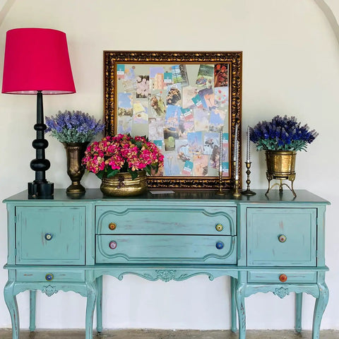 Vintage furniture with Ceramic Cabinet Knobs Set With Vintage Look Hand Painted Multicolor Mandala Designs on blue dresser.