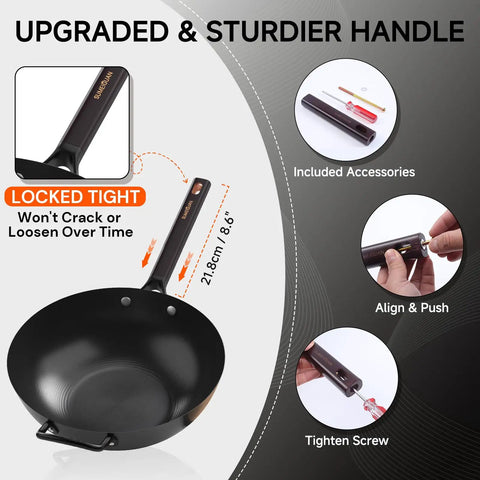 13.5 Inch Carbon Steel Wok Pan With Flat Bottom Preseasoned Nonstick Go To Stir Fry Pan Set With Lid And Spatula Induction And Gas Compatible Chinese Cookware With upgraded handle and accessories