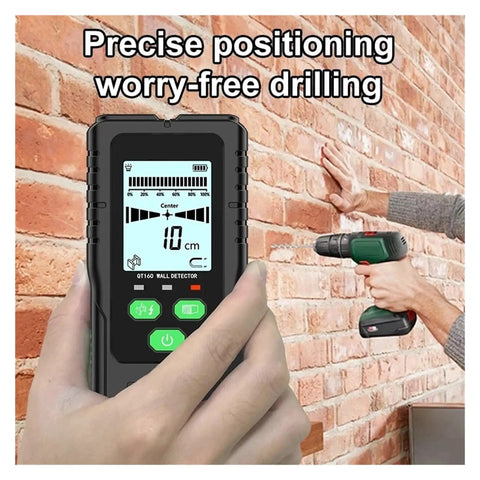 Straight Shooting Wall Scanner And Stud Finder With Four In One Metal Detection And AC Voltage Sensing To Nail Down Hidden Joists And Live Wires Safely Without Drywall Damage held in hand near brick wall.