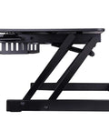 32 Inch Height Adjustable Standing Desk Converter With Slide Out Keyboard Tray and Dual Monitor Riser side view with dual piston lift and sturdy frame.