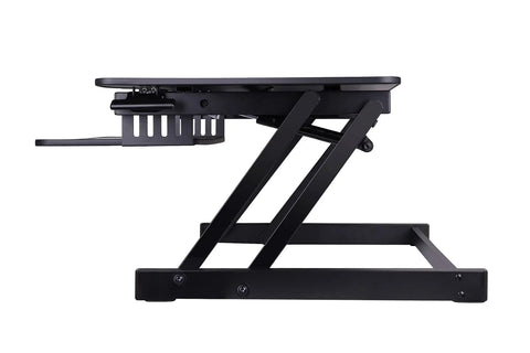 32 Inch Height Adjustable Standing Desk Converter With Slide Out Keyboard Tray and Dual Monitor Riser side view with dual piston lift and sturdy frame.
