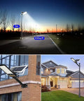 JUDYSSY 80W Led Solar Street Lights Outdoor illuminating a street at dusk, showing 3m height and 450sq.ft coverage.