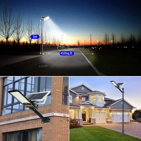 JUDYSSY 80W Led Solar Street Lights Outdoor illuminating a street at dusk, showing 3m height and 450sq.ft coverage.