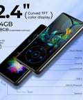 64GB Bluetooth 5.3 MP3 Player With Built In Speaker And 2.4 Inch Screen showing features and dimensions