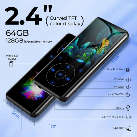 64GB Bluetooth 5.3 MP3 Player With Built In Speaker And 2.4 Inch Screen showing features and dimensions