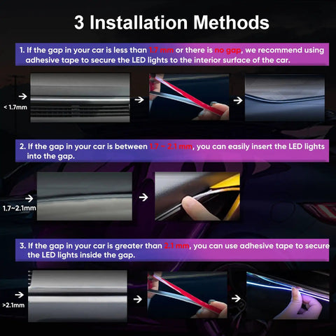 RGB Car Interior LED Strip Light 43.3 Inch With USB Port And App Control, Music Sync, installation methods diagram.
