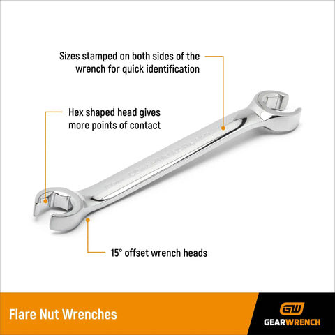 Six Piece Metric Flare Nut Wrench Set With 15 Degree Offset Heads For Tight Access Includes 9mm By 11mm wrench details shown