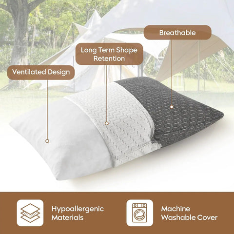 Travel Camping Pillow With Shredded Memory Foam, Compressible And Medium Firm, with ventilated breathable cover on a tent background.