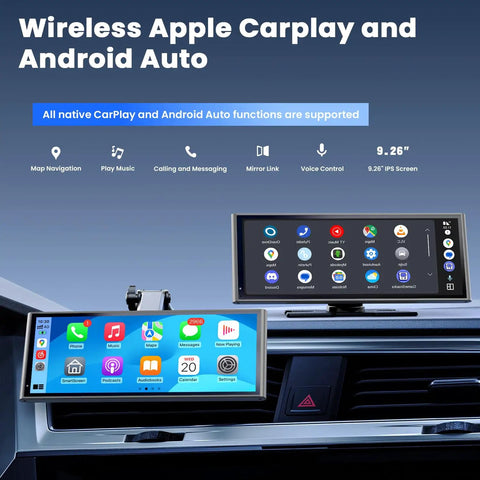 Portable Wireless CarPlay Screen For CarPlay And Android Auto, 9.26 Inch Touch Display showcasing interface and features in car.