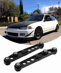 Black CNC aluminum Rear Lower Control Arms Subframe Brace Kit for 1992-1995 Integra and 1994-2001 models displayed with car