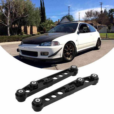 Black CNC aluminum Rear Lower Control Arms Subframe Brace Kit for 1992-1995 Integra and 1994-2001 models displayed with car