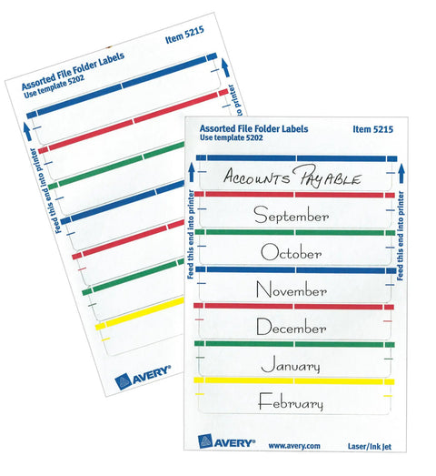 Foolproof Easy Peel File Folder Labels On 4X6 Sheets, Assorted Color Coded Tabs For Smart Office Organization, print or handwrite, visible months and labels.