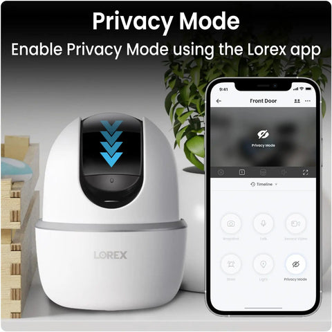 Indoor WiFi Security Camera With Pan And Tilt 4MP HD Sensor 360 Degree Coverage next to smartphone showing privacy mode app