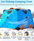 Portable Hexagon Ice Fishing Shanty Tent With Integrated Stove Jack Thick Thermal Insulation Soft Carpet Floor Multi Zone Vents Rock Solid Construction For Superior Frozen Lake Performance, blue exterior with stove jack openings.