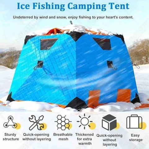 Portable Hexagon Ice Fishing Shanty Tent With Integrated Stove Jack Thick Thermal Insulation Soft Carpet Floor Multi Zone Vents Rock Solid Construction For Superior Frozen Lake Performance, blue exterior with stove jack openings.
