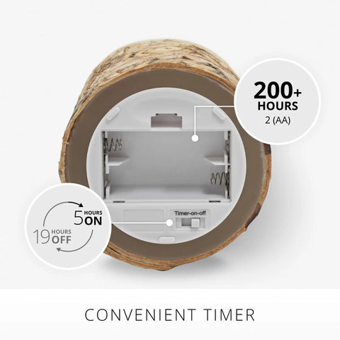 Back of Flameless Birch Bark Wrapped Pillar Candle With Moving Flame LED Lights, showing battery compartment and timer details.
