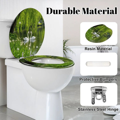 Round Graceful Swans Serene Willow Tree Reflected Calm Pond Toilet Seat with durable resin material and soft-close hinge.