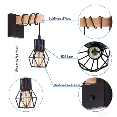 BANGANMA 2 Pack Farmhouse Wall Sconces, Hardwired E26 Wood Cage for Bedroom with solid wood and metal wire design.