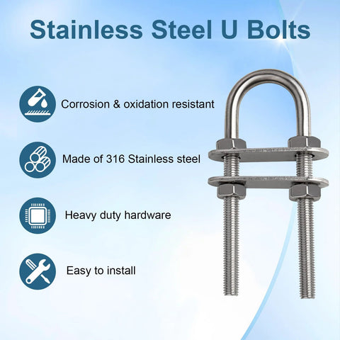 Stainless steel U-bolts with mounting plate and nuts for boat trailer, 100mm, 2-pack