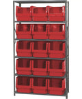 Ultra Heavy Duty Metal Shelving Rack With 15 Large Parts Bins Built Tough Garage Rack Organizer Featuring Clear Fronts Adjustable Dividers And 350 Pound Capacity 18 X 42 X 75 Inches Red with multiple red bins.
