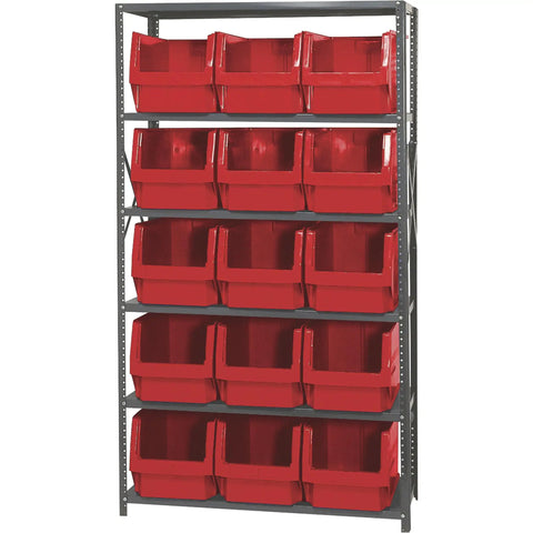 Ultra Heavy Duty Metal Shelving Rack With 15 Large Parts Bins Built Tough Garage Rack Organizer Featuring Clear Fronts Adjustable Dividers And 350 Pound Capacity 18 X 42 X 75 Inches Red with deep plastic bins and a rugged frame.