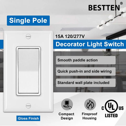 20 Pack Single Pole Decorator Wall Switch With Wall Plate 15A 120 To 277V On Off Rocker Paddle Interrupter UL Listed