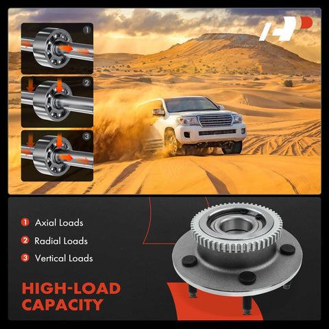 Image showing a Front Wheel Bearing And Hub Assembly With ABS Ring for Dodge Ram 1500 2000 2001, highlighting high-load capacity on desert backdrop.