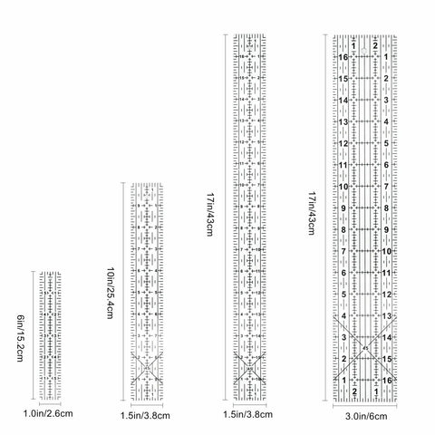 Set of Dead Simple Acrylic Quilting Rulers in various sizes, 1in to 17in, with bold scales for precise fabric cutting.