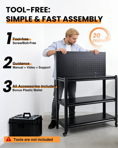 Man assembling 52 inch rolling work table with pegboard surface, adjustable height, and lockable wheels in 20 minutes.
