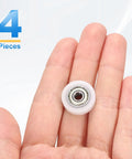 Four Pack Roller Idler Pulleys 4x18x5mm With 624ZZ Bearings For Furniture Hardware Quiet Conveyor Rolling Wheels Flat Pulleys In White Durable POM Material For Heavy Duty Low Noise And Vibration, white pulley in hand