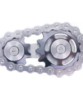 Dope Sprocket Linkage Bike Chain Fidget Spinner With Two Gears, Stainless Steel Premium Mechanic Toy For Fingers, Durable Metal Spin Toy Gray Edition With Satisfying Mechanical Chain Sound And Stress Relief. top view on white