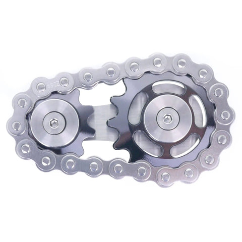 Dope Sprocket Linkage Bike Chain Fidget Spinner With Two Gears, Stainless Steel Premium Mechanic Toy For Fingers, Durable Metal Spin Toy Gray Edition With Satisfying Mechanical Chain Sound And Stress Relief. top view on white