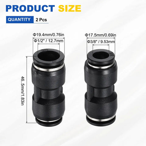 Image of 2 Pack Pneumatic Straight Fittings Three Eighths To One Half Inch Plastic Reducer Union Push To Connect Air Line Quick Connect Fittings For Factory Pneumatic Systems Black showing product dimensions.