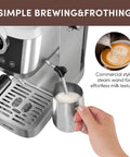 Pro Semi Automatic Espresso Maker With Built In Milk Frother And Touch Screen, stainless steel design with steam wand for milk texturing.