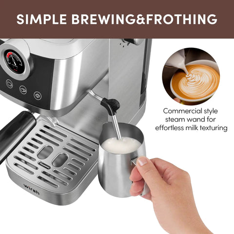 Pro Semi Automatic Espresso Maker With Built In Milk Frother And Touch Screen, stainless steel design with steam wand for milk texturing.