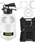 Front view of VEVOR 10L transmission fluid pump dispenser with gauge, hoses, and 14 ATF adapters in case